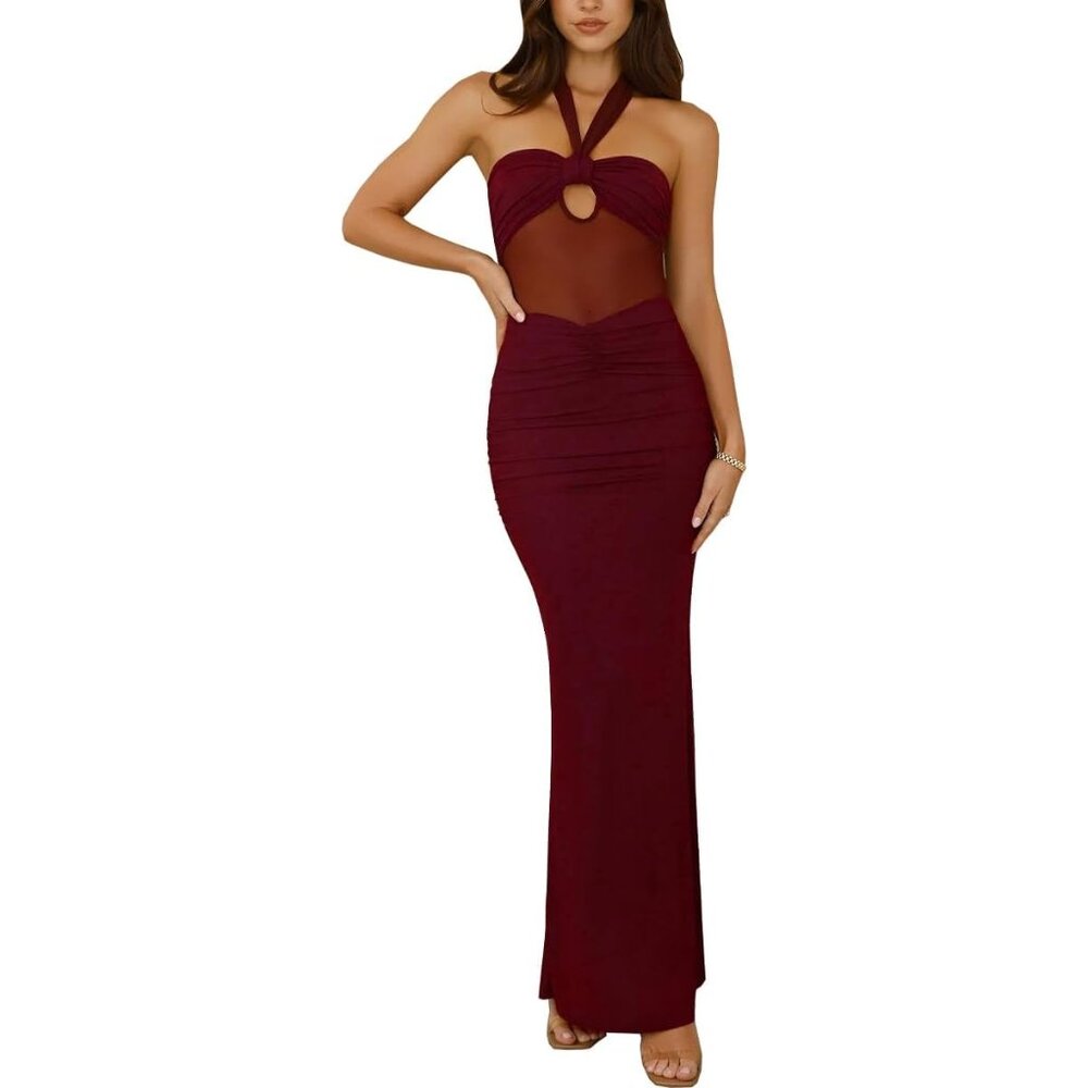 Women's Backless Maxi Dress Mesh Patchwork Cut Out Sleeveless Bodycon